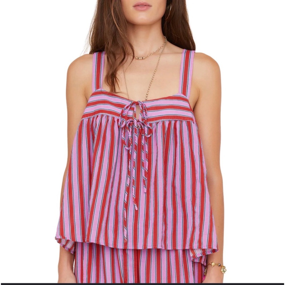 Xirena Kyra Top Berry Stripes Pink Red Striped Tie Front Adjustable Strap Small